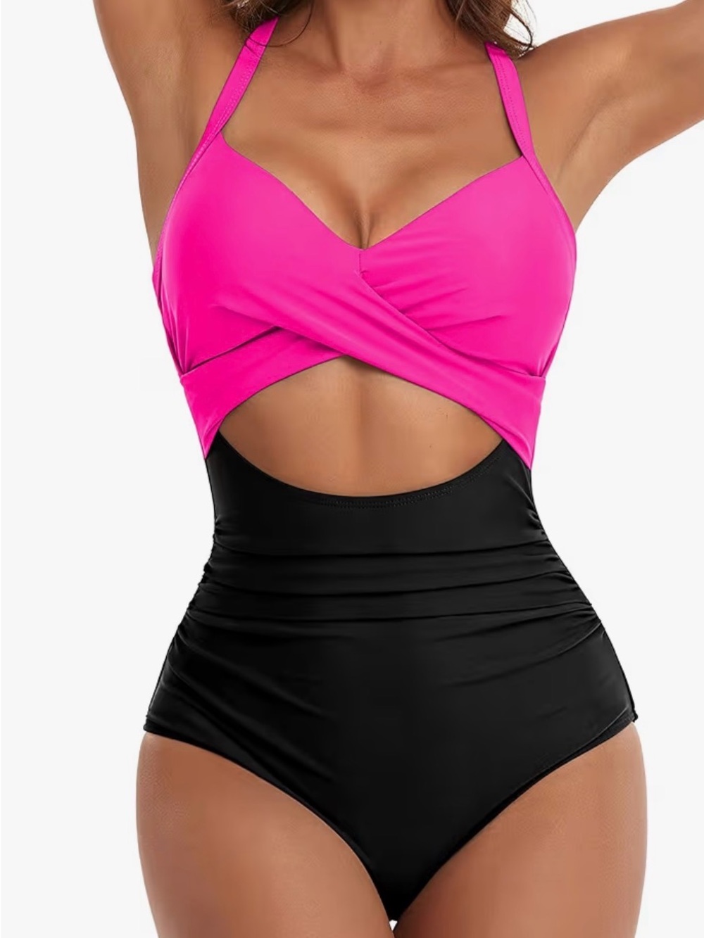 Women's Two-Tone Cutout One-Piece Swimsuit - Hot Pink & Black